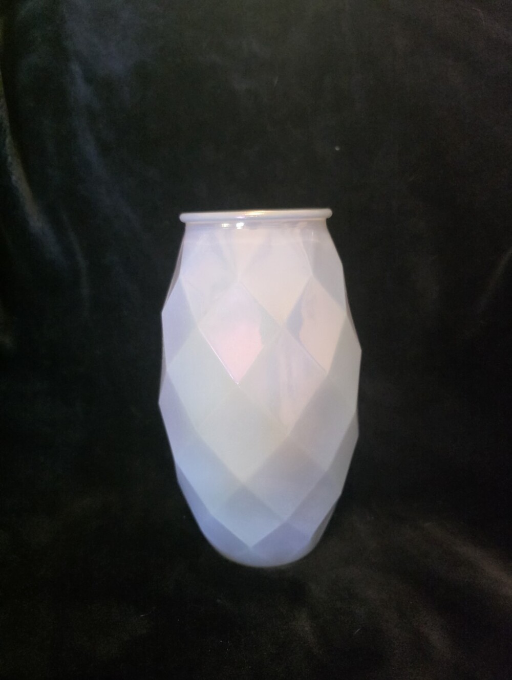 White Opalescent Glass Vase Iridescent Finish Faceted, Geometric Design
